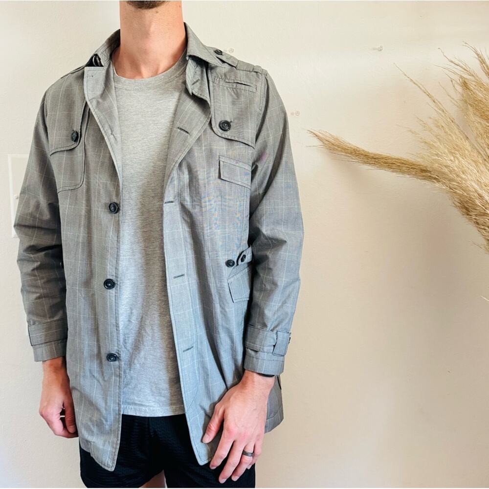 MENS FIVE FOUR Grey Gray White Checker Print Button Down Utility Jacket Coat S